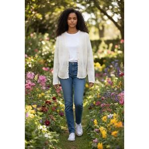 FRYE Cream Lace Crochet Open Knit Cardigan Sweater XL Scallop Trim Y2K